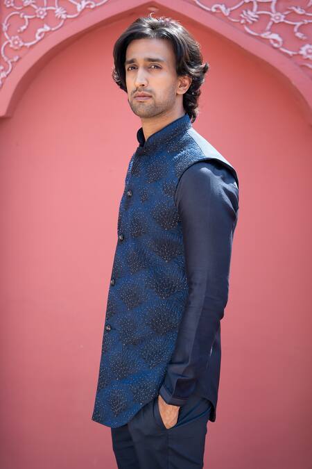 Shop Kaaj Button X AZA Blue Chanderi Silk, Suede Embroidery Shaded Geometric Bundi Set Online at Aza Fashions Shop_Kaaj Button X AZA_Blue Chanderi Silk, Suede Embroidery Shaded Geometric Bundi Set _Online_at_Aza_Fashions