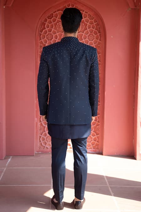 Shop Kaaj Button X AZA Blue Chanderi Silk, Suede Embroidery Hand Bandhgala Set For Kids at Aza Fashions Shop_Kaaj Button X AZA_Blue Chanderi Silk, Suede Embroidery Hand Bandhgala Set For Kids_at_Aza_Fashions