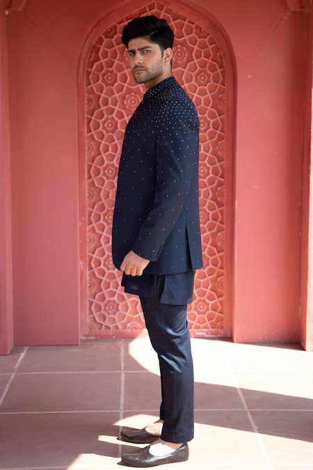 Kaaj Button X AZA Blue Chanderi Silk, Suede Embroidery Hand Bandhgala Set For Kids Online at Aza Fashions Kaaj Button X AZA_Blue Chanderi Silk, Suede Embroidery Hand Bandhgala Set For Kids_Online_at_Aza_Fashions