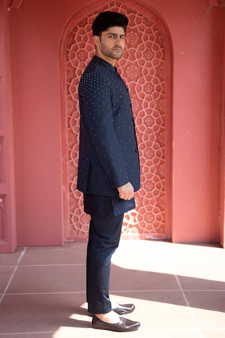 Buy Kaaj Button X AZA Blue Chanderi Silk, Suede Embroidery Hand Bandhgala Set For Kids Online at Aza Fashions Buy_Kaaj Button X AZA_Blue Chanderi Silk, Suede Embroidery Hand Bandhgala Set For Kids_Online_at_Aza_Fashions