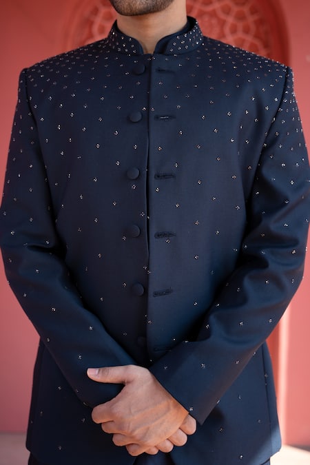 Shop Kaaj Button X AZA Blue Chanderi Silk, Suede Embroidery Hand Bandhgala Set For Kids Online at Aza Fashions Shop_Kaaj Button X AZA_Blue Chanderi Silk, Suede Embroidery Hand Bandhgala Set For Kids_Online_at_Aza_Fashions