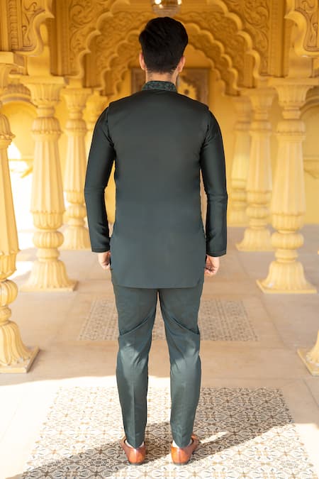 Shop Kaaj Button X AZA Green Chanderi Silk, Suede, Satin Embroidery, Cut Work Bundi Kurta Set at Aza Fashions Shop_Kaaj Button X AZA_Green Chanderi Silk, Suede, Satin Embroidery, Cut Work Bundi Kurta Set _at_Aza_Fashions