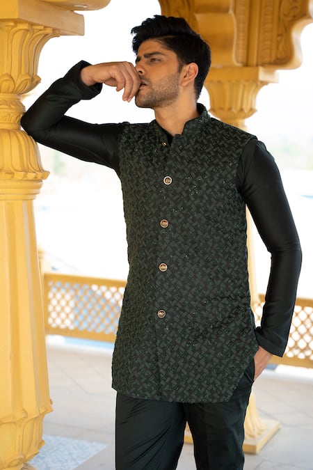 Kaaj Button X AZA Green Chanderi Silk, Suede, Satin Embroidery, Cut Work Bundi Kurta Set Online at Aza Fashions Kaaj Button X AZA_Green Chanderi Silk, Suede, Satin Embroidery, Cut Work Bundi Kurta Set _Online_at_Aza_Fashions