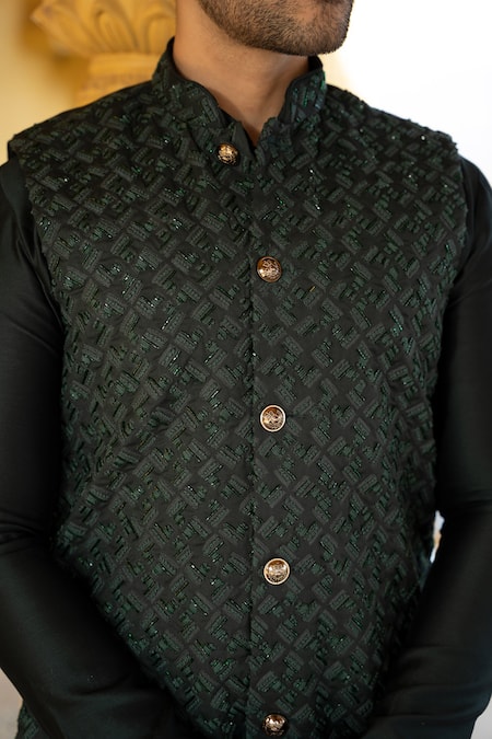 Buy Kaaj Button X AZA Green Chanderi Silk, Suede, Satin Embroidery, Cut Work Bundi Kurta Set Online at Aza Fashions Buy_Kaaj Button X AZA_Green Chanderi Silk, Suede, Satin Embroidery, Cut Work Bundi Kurta Set _Online_at_Aza_Fashions