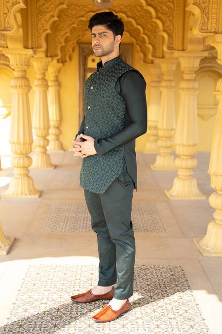 Shop Kaaj Button X AZA Green Chanderi Silk, Suede, Satin Embroidery, Cut Work Bundi Kurta Set Online at Aza Fashions Shop_Kaaj Button X AZA_Green Chanderi Silk, Suede, Satin Embroidery, Cut Work Bundi Kurta Set _Online_at_Aza_Fashions