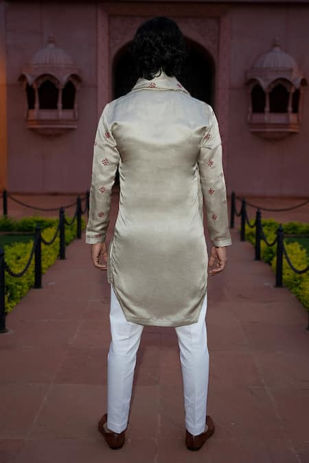Shop Kaaj Button X AZA Gold Satin, Linen Embroidery Bandhej Kurta Set at Aza Fashions Shop_Kaaj Button X AZA_Gold Satin, Linen Embroidery Bandhej Kurta Set _at_Aza_Fashions