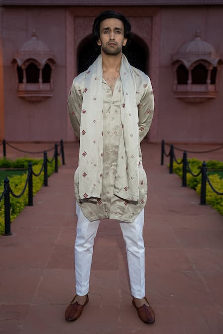 Kaaj Button X AZA Gold Satin, Linen Embroidery Bandhej Kurta Set Online at Aza Fashions Kaaj Button X AZA_Gold Satin, Linen Embroidery Bandhej Kurta Set _Online_at_Aza_Fashions