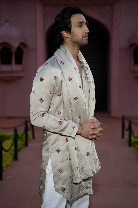 Buy Kaaj Button X AZA Gold Satin, Linen Embroidery Bandhej Kurta Set Online at Aza Fashions Buy_Kaaj Button X AZA_Gold Satin, Linen Embroidery Bandhej Kurta Set _Online_at_Aza_Fashions