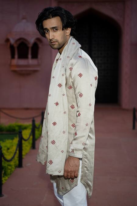 Shop Kaaj Button X AZA Gold Satin, Linen Embroidery Bandhej Kurta Set Online at Aza Fashions Shop_Kaaj Button X AZA_Gold Satin, Linen Embroidery Bandhej Kurta Set _Online_at_Aza_Fashions