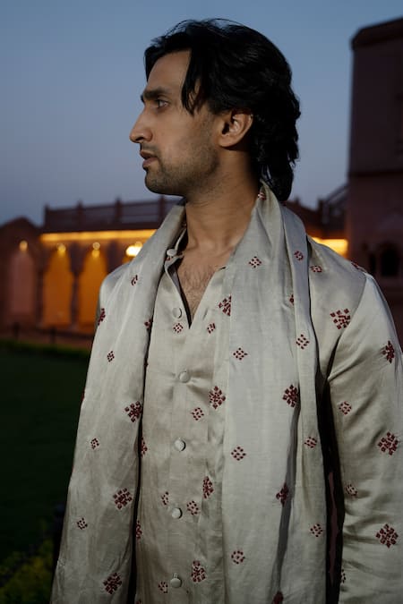 Kaaj Button X AZA Gold Satin, Linen Embroidery Bandhej Kurta Set at Aza Fashions Kaaj Button X AZA_Gold Satin, Linen Embroidery Bandhej Kurta Set _at_Aza_Fashions