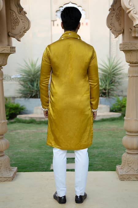 Shop Kaaj Button X AZA Yellow Satin, Linen Embroidery Mustard Kurta Set at Aza Fashions Shop_Kaaj Button X AZA_Yellow Satin, Linen Embroidery Mustard Kurta Set _at_Aza_Fashions