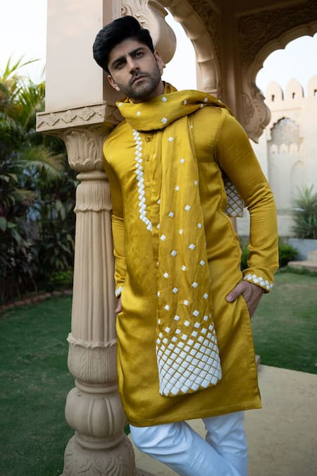 Kaaj Button X AZA Yellow Satin, Linen Embroidery Mustard Kurta Set Online at Aza Fashions Kaaj Button X AZA_Yellow Satin, Linen Embroidery Mustard Kurta Set _Online_at_Aza_Fashions