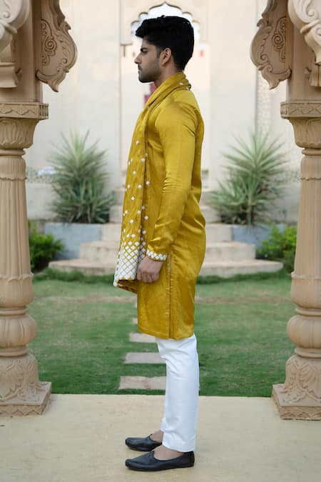 Buy Kaaj Button X AZA Yellow Satin, Linen Embroidery Mustard Kurta Set Online at Aza Fashions Buy_Kaaj Button X AZA_Yellow Satin, Linen Embroidery Mustard Kurta Set _Online_at_Aza_Fashions