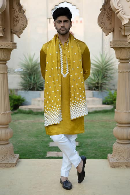 Shop Kaaj Button X AZA Yellow Satin, Linen Embroidery Mustard Kurta Set Online at Aza Fashions Shop_Kaaj Button X AZA_Yellow Satin, Linen Embroidery Mustard Kurta Set _Online_at_Aza_Fashions