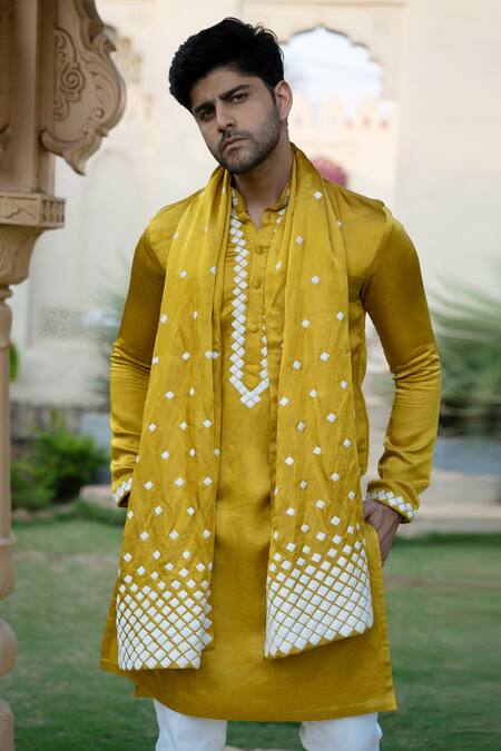 Kaaj Button X AZA Yellow Satin, Linen Embroidery Mustard Kurta Set at Aza Fashions Kaaj Button X AZA_Yellow Satin, Linen Embroidery Mustard Kurta Set _at_Aza_Fashions