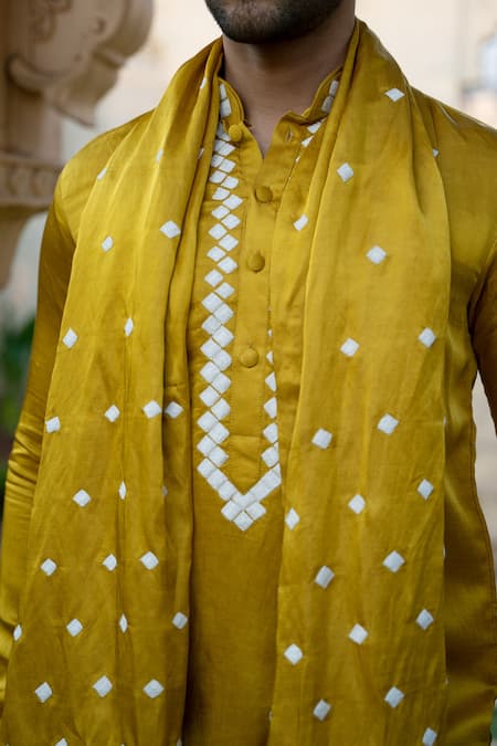 Buy Kaaj Button X AZA Yellow Satin, Linen Embroidery Mustard Kurta Set Buy_Kaaj Button X AZA_Yellow Satin, Linen Embroidery Mustard Kurta Set