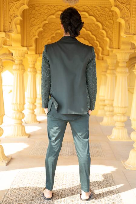 Shop Kaaj Button X AZA Green Chanderi Silk, Suede Embroidery Jodhpuri Pant Set at Aza Fashions Shop_Kaaj Button X AZA_Green Chanderi Silk, Suede Embroidery Jodhpuri Pant Set _at_Aza_Fashions