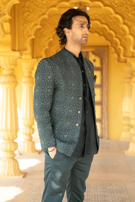 Kaaj Button X AZA Green Chanderi Silk, Suede Embroidery Jodhpuri Pant Set Online at Aza Fashions Kaaj Button X AZA_Green Chanderi Silk, Suede Embroidery Jodhpuri Pant Set _Online_at_Aza_Fashions