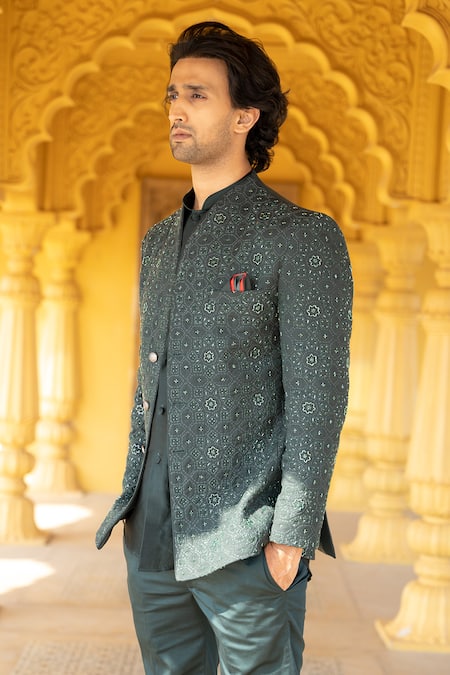 Buy Kaaj Button X AZA Green Chanderi Silk, Suede Embroidery Jodhpuri Pant Set Online at Aza Fashions Buy_Kaaj Button X AZA_Green Chanderi Silk, Suede Embroidery Jodhpuri Pant Set _Online_at_Aza_Fashions