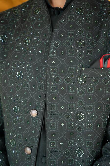 Kaaj Button X AZA Green Chanderi Silk, Suede Embroidery Jodhpuri Pant Set at Aza Fashions Kaaj Button X AZA_Green Chanderi Silk, Suede Embroidery Jodhpuri Pant Set _at_Aza_Fashions