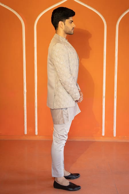 Buy_Kaaj Button X AZA_Gold Chanderi Silk, Suede Embroidery Champagne Mughal Jodhpuri Set For Kids_Online_at_Aza_Fashions