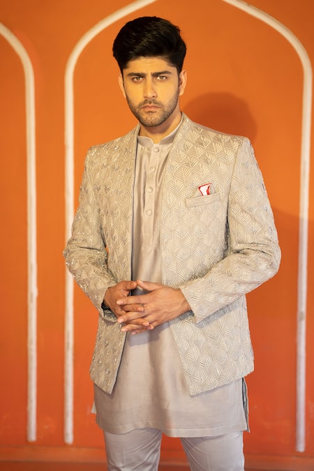 Shop_Kaaj Button X AZA_Gold Chanderi Silk, Suede Embroidery Champagne Mughal Jodhpuri Set For Kids_Online_at_Aza_Fashions