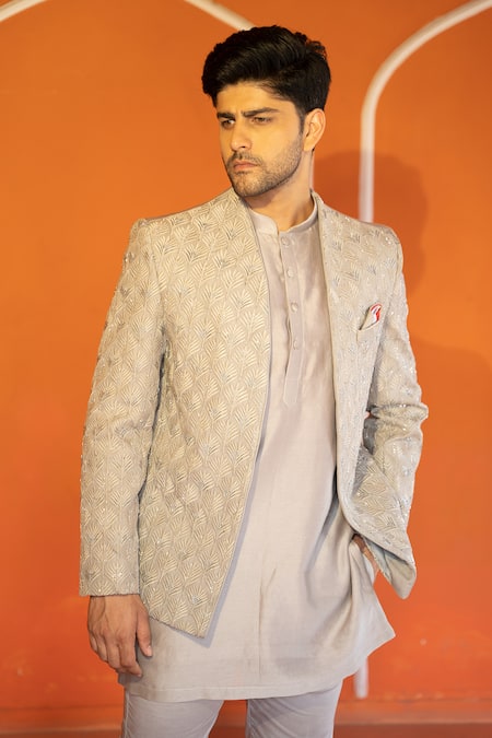 Kaaj Button X AZA_Gold Chanderi Silk, Suede Embroidery Champagne Mughal Jodhpuri Set For Kids_at_Aza_Fashions