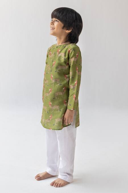 Ankid_Green Silk Chanderi Printed Cheetah Tendua Raj Kumar Kurta Set_Online_at_Aza_Fashions