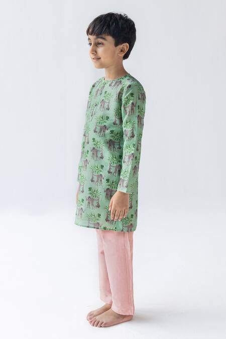 Ankid_Green Silk Chanderi Printed Monkey Shararti Bandar Kurta Set_Online_at_Aza_Fashions