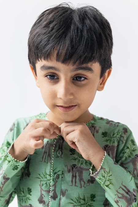 Buy_Ankid_Green Silk Chanderi Printed Monkey Shararti Bandar Kurta Set_Online_at_Aza_Fashions