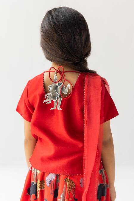 Ankid_Red Silk Chanderi Printed Jungle Chidiya Ghar Ki Sair Lehenga Set_Online_at_Aza_Fashions