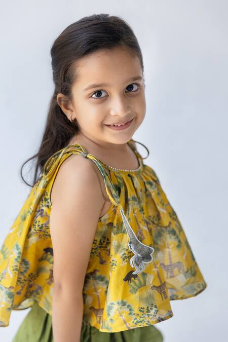 Ankid_Yellow Silk Chanderi Printed Jungle Top And Skirt Set_Online_at_Aza_Fashions