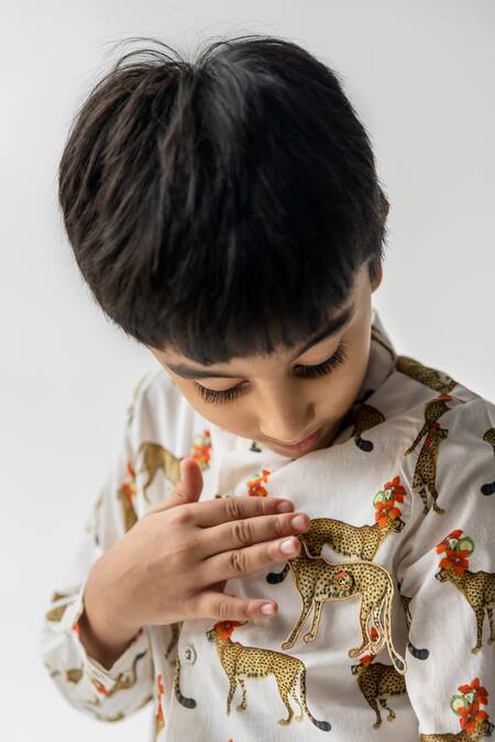 Ankid_Ivory Cotton Voile Printed Cheetah Tendua Raj Kumar Shirt And Shorts Set_Online_at_Aza_Fashions
