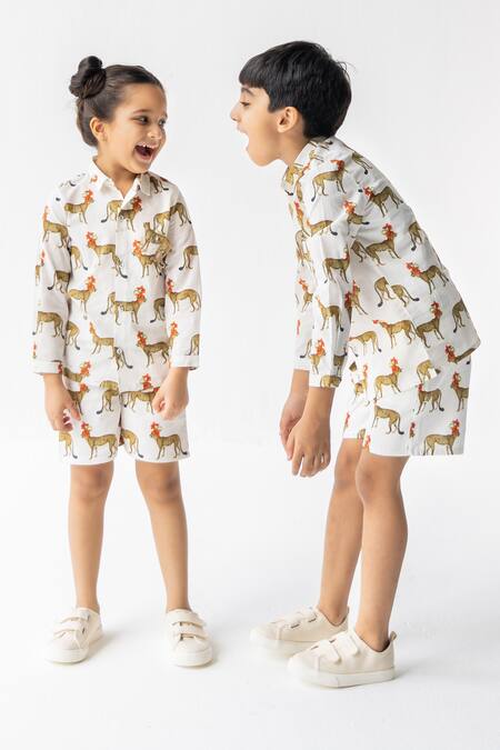 Buy_Ankid_Ivory Cotton Voile Printed Cheetah Tendua Raj Kumar Shirt And Shorts Set_Online_at_Aza_Fashions