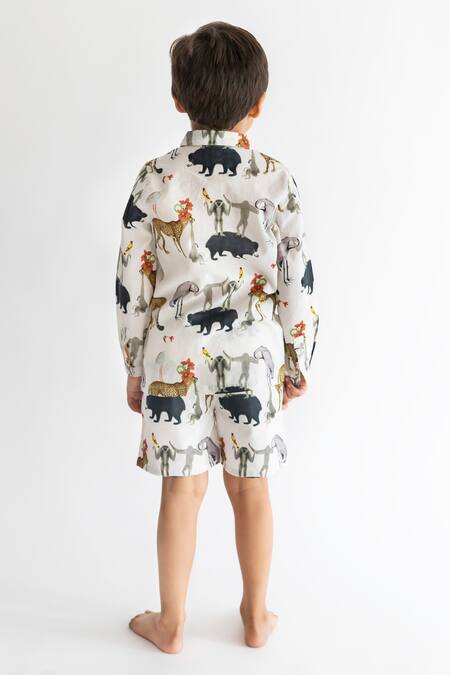 Shop Ankid Ivory Cotton Voile Printed Jungle Chidiya Ghar Ki Sair Shirt And Shorts Set at Aza Fashions Shop_Ankid_Ivory Cotton Voile Printed Jungle Chidiya Ghar Ki Sair Shirt And Shorts Set_at_Aza_Fashions