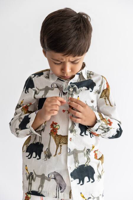 Ankid Ivory Cotton Voile Printed Jungle Chidiya Ghar Ki Sair Shirt And Shorts Set Online at Aza Fashions Ankid_Ivory Cotton Voile Printed Jungle Chidiya Ghar Ki Sair Shirt And Shorts Set_Online_at_Aza_Fashions