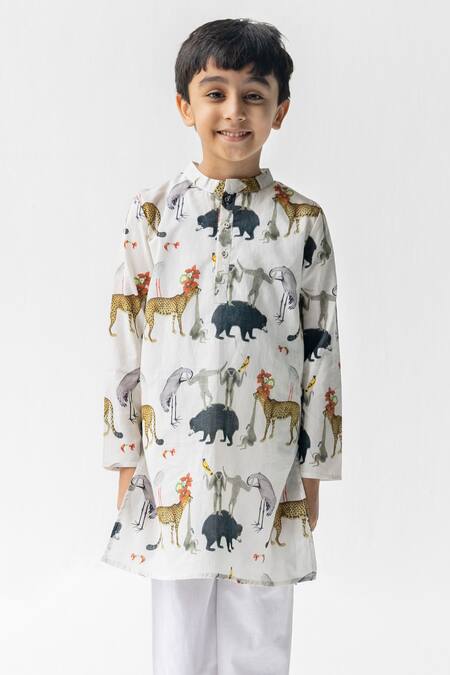 Ankid_Ivory Cotton Voile Printed Animal Chidiya Ghar Ki Sair Full Sleeve Kurta Set_Online_at_Aza_Fashions