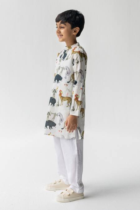 Buy_Ankid_Ivory Cotton Voile Printed Animal Chidiya Ghar Ki Sair Full Sleeve Kurta Set_Online_at_Aza_Fashions