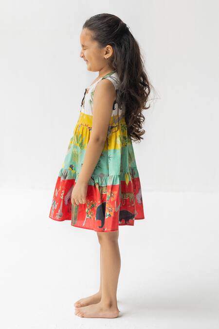 Buy Ankid Multi Color Cotton Voile Printed Jungle Chidiya Ghar Ki Sair Tiered Dress Online at Aza Fashions Buy_Ankid_Multi Color Cotton Voile Printed Jungle Chidiya Ghar Ki Sair Tiered Dress_Online_at_Aza_Fashions