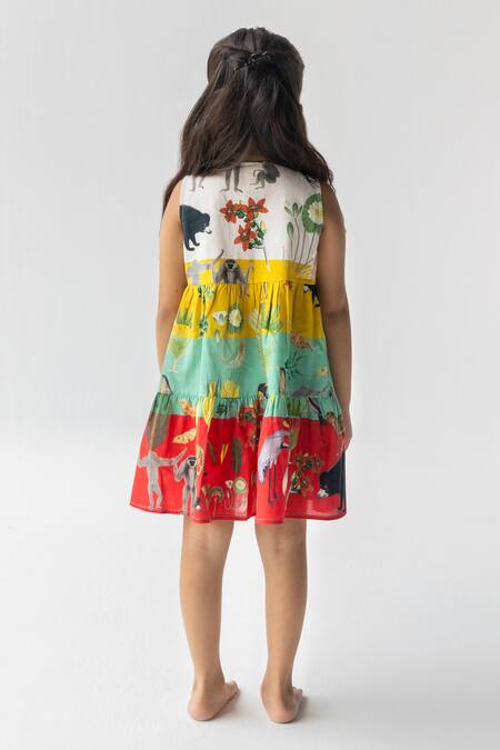 Shop Ankid Multi Color Cotton Voile Printed Jungle Chidiya Ghar Ki Sair Tiered Dress at Aza Fashions Shop_Ankid_Multi Color Cotton Voile Printed Jungle Chidiya Ghar Ki Sair Tiered Dress_at_Aza_Fashions