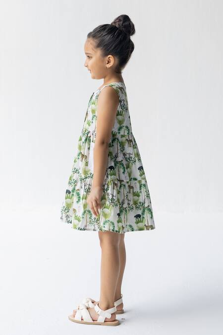 Ankid_Ivory Cotton Voile Printed Jungle Sunderban Tiered Dress_Online_at_Aza_Fashions