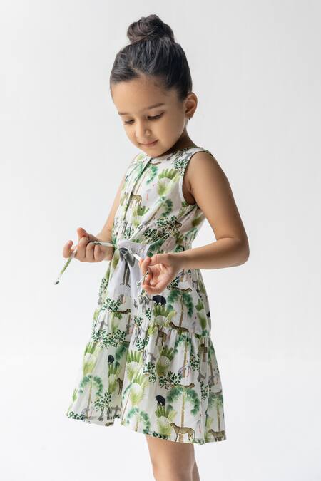Buy_Ankid_Ivory Cotton Voile Printed Jungle Sunderban Tiered Dress_Online_at_Aza_Fashions