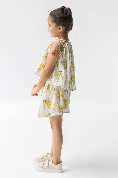 Ankid_Ivory Cotton Voile Printed Bird Saras Ka Joda Top And Skirt Set_Online_at_Aza_Fashions