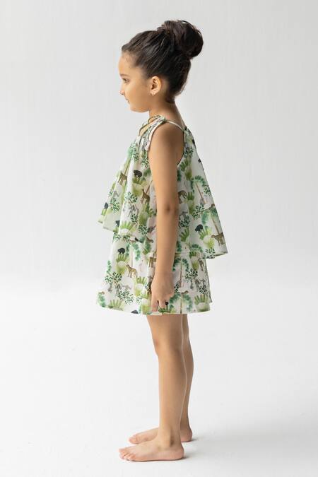 Ankid_Ivory Cotton Voile Printed Jungle Sunderban Top And Skirt Set_Online_at_Aza_Fashions