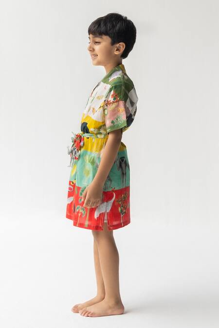 Ankid_Multi Color Cotton Voile Printed Animal Chidiya Ghar Ki Sair Robe_Online_at_Aza_Fashions