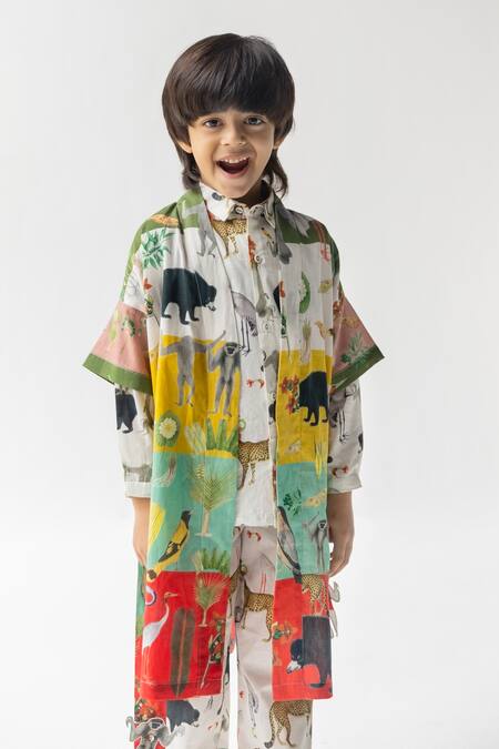 Shop_Ankid_Multi Color Cotton Voile Printed Animal Chidiya Ghar Ki Sair Robe_Online_at_Aza_Fashions