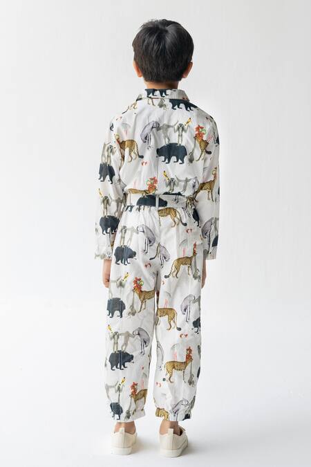 Shop Ankid Ivory Cotton Voile Printed Jungle Chidiya Ghar Ki Sair Jumpsuit at Aza Fashions Shop_Ankid_Ivory Cotton Voile Printed Jungle Chidiya Ghar Ki Sair Jumpsuit_at_Aza_Fashions