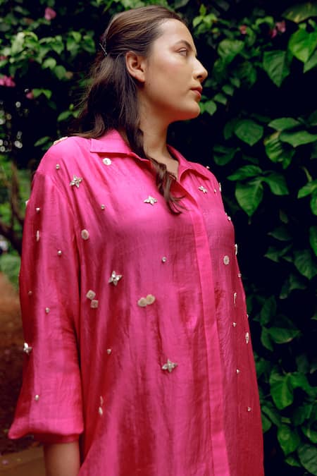 Buy_Kavya Singh Kundu_Pink Silk Embroidery Collared Elle Handwoven Mulberry Shirt Dress _Online_at_Aza_Fashions