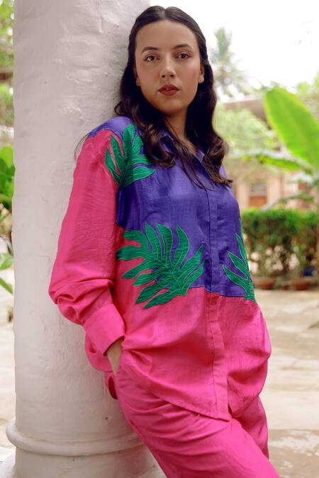 Kavya Singh Kundu_Pink Handloom Cotton, Silk Applique James Handwoven Mulberry Shirt With Trouser _Online_at_Aza_Fashions