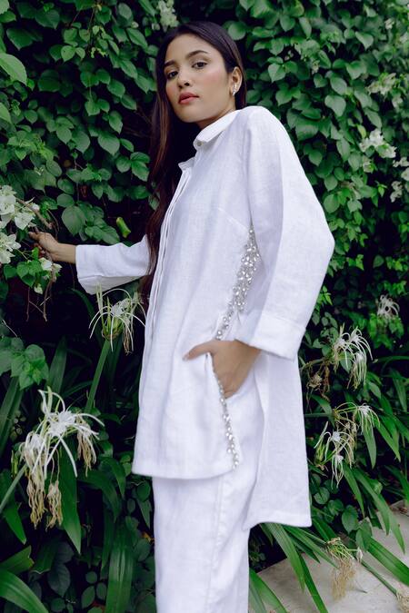 Kavya Singh Kundu_White Linen, Handloom Cotton Crystals Jayne Handwoven Shirt With Trouser _Online_at_Aza_Fashions